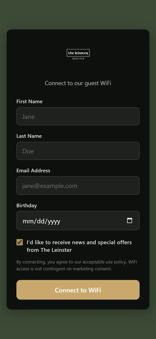 The Leinster guest WiFi sign-in, built by Multitap